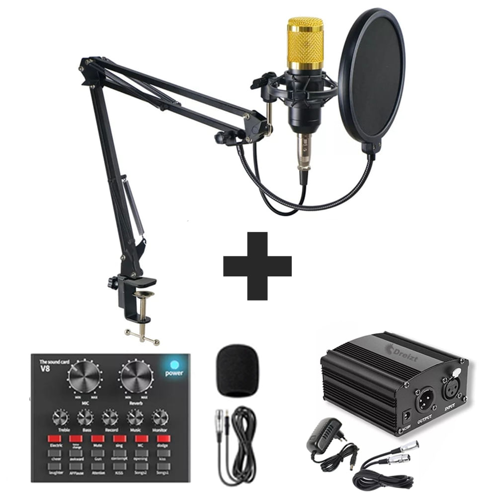 Combo Micrófono BM 800 con Consola Dreizt profesional y Phantom power Dreizt para Stream y estudio