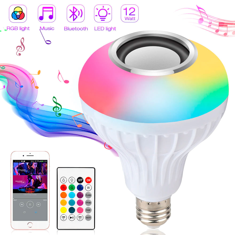 Bombilla Foco Led Rgb con Parlante Bluetooth Foco Musical Inteligente Luz Blanca + Multicolor