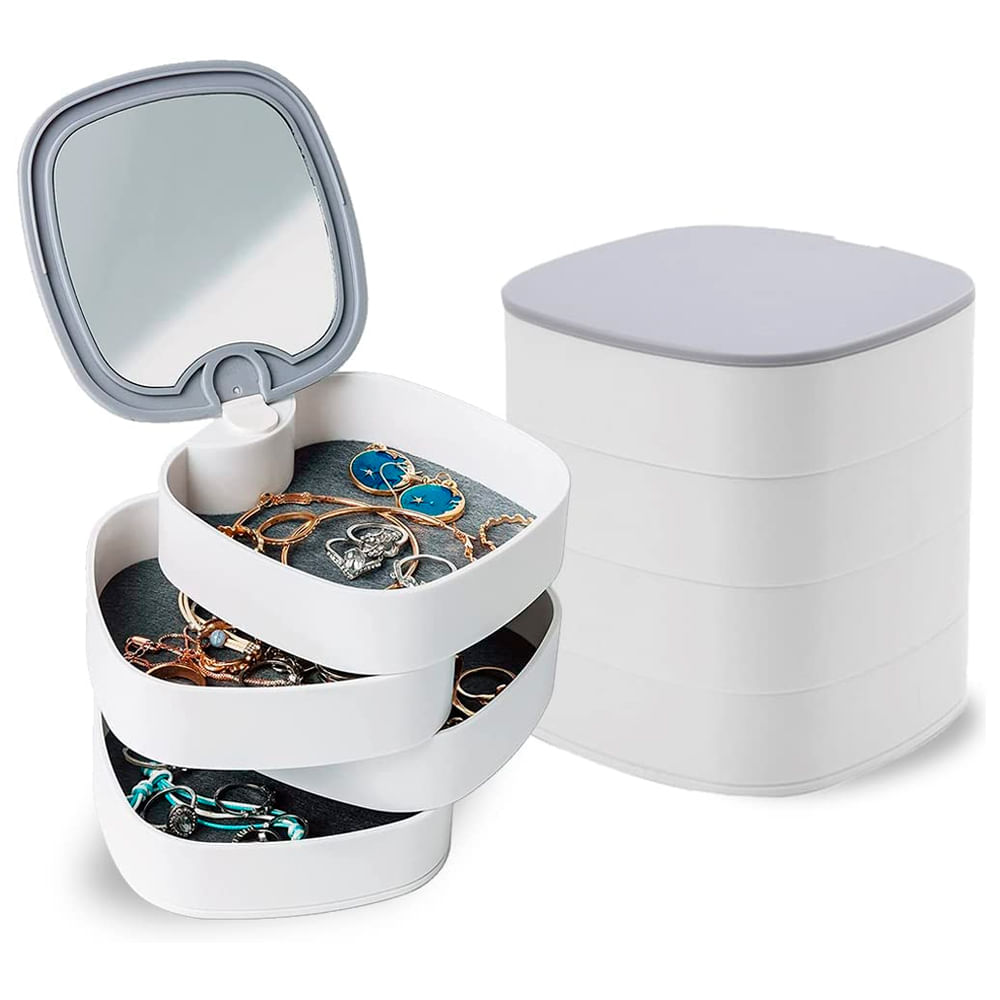 Joyero Organizador 360 Grados de 4 Capas con Espejo para Collar Pulsera Anillo Pendiente