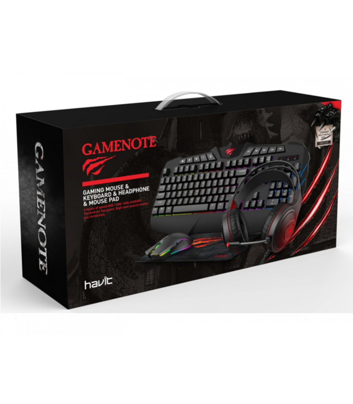 Combo Gaming 4 en 1 Teclado RGB Mouse, Audífono y Mousepad GAMENOTE HAVIT KB501CM multimedia c/Negro