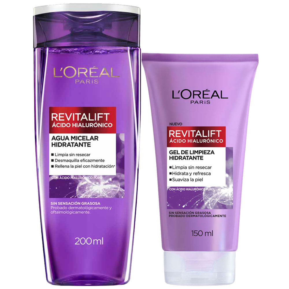 Pack Agua Micelar L'OREAL Ácido Hialurónico Frasco 200ml + Jabón Líquido Facial L'ORÉAL Ácido Hialurónico Frasco 150ml