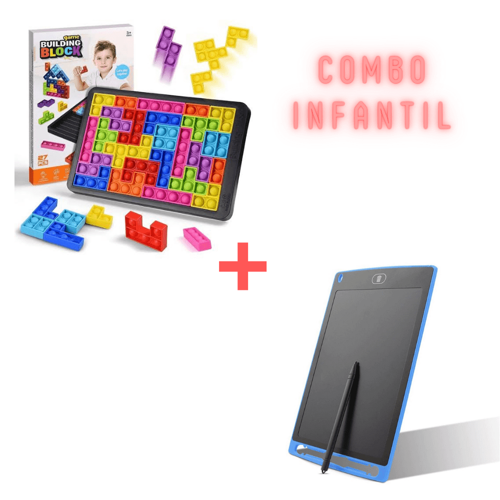 Combo Infantil: Juego Didáctico Tetris Pop It + Pizarra Digital LCD de Dibujo y Escritura de 8.5'