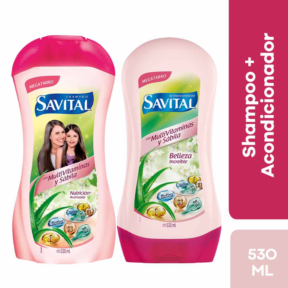 Pack SAVITAL Shampoo Multivitaminas y Sábila Frasco 530ml + Acondicionador Frasco 530ml