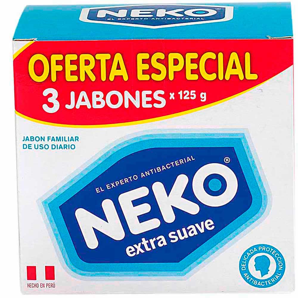 Jabón Antibacterial NEKO Extra Suave Barra 125g Paquete 3un