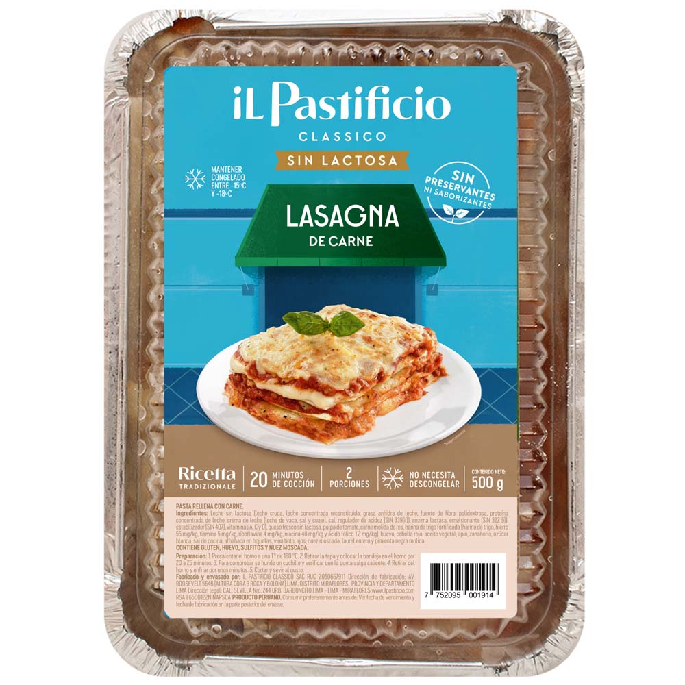 Lasagna de Carne Sin Lactosa IL PASTIFICIO Bandeja 500g