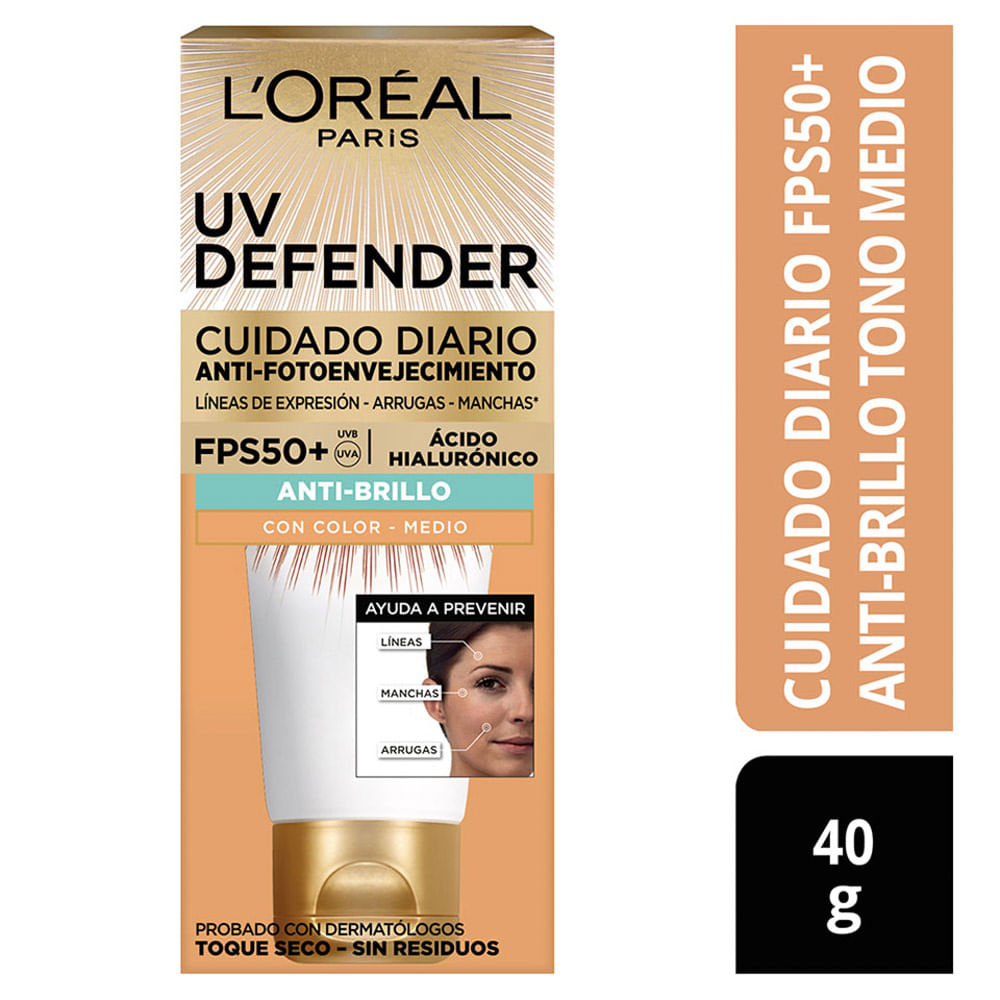 Protector Solar Anti Edad UV Defender L'Oréal Paris Skin Care FPS 50+ Anti Brillo Tono Medio 40 ML