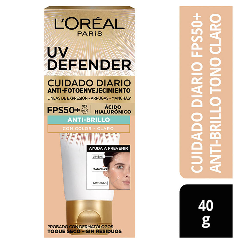 Protector Solar Anti Edad UV Defender L'Oréal Paris Skin Care FPS 50+ Anti Brillo - Tubo 40 ML