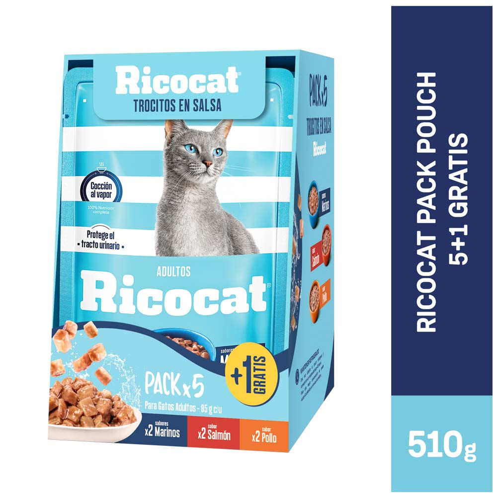 Comida para Gatos RICOCAT Adulto Salmón, Pollo, Marinos Pack 600g