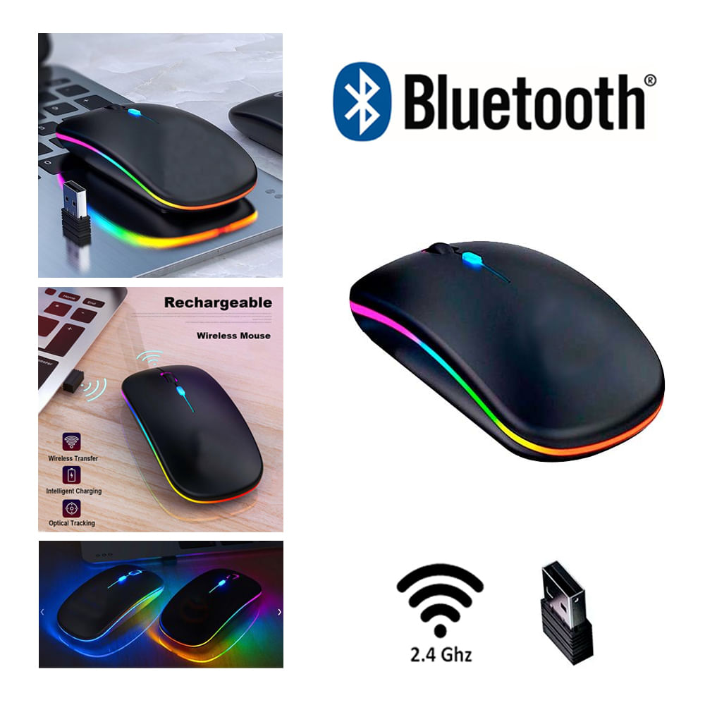 Mouse Inalámbrico A2, recargable USB, LED 7 colores (RGB), DPI 1600 - NEGRO