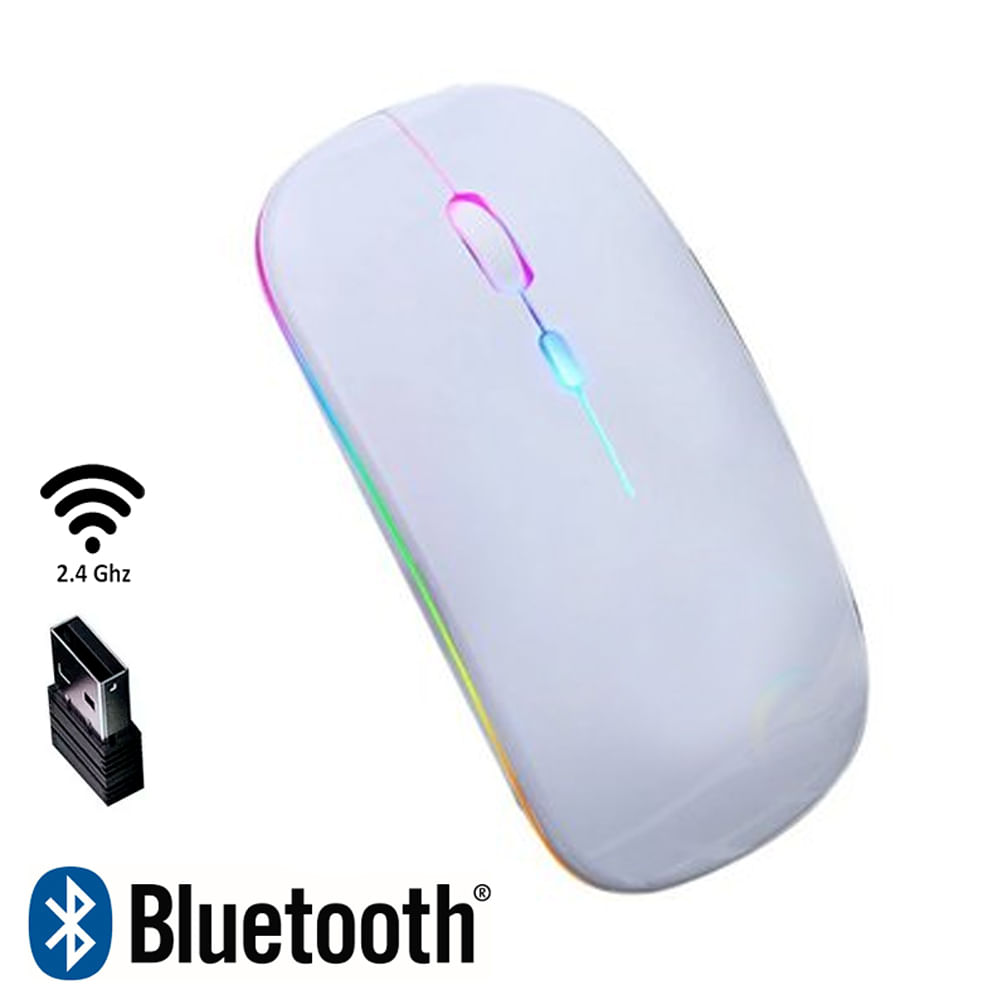Mouse Inalámbrico A2, recargable USB, LED 7 colores (RGB), DPI 1600 - BLANCO
