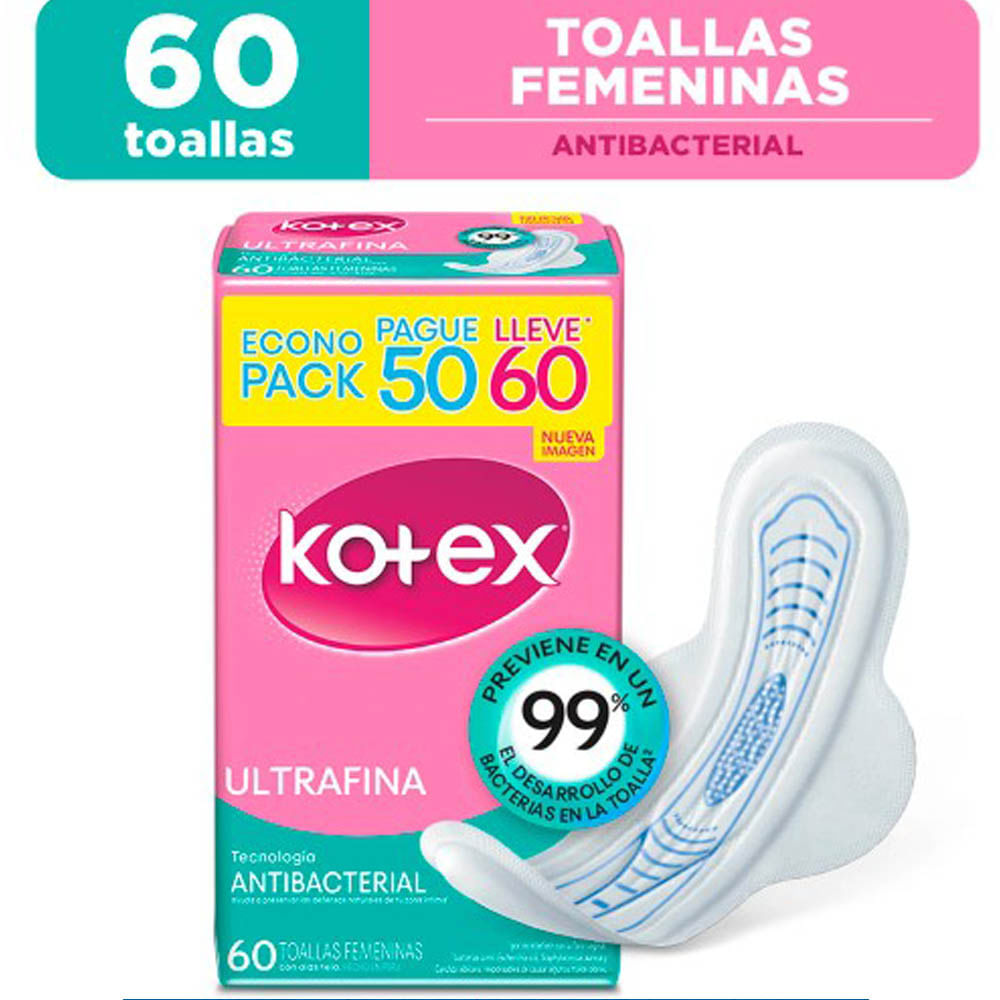 Toalla Higiénica KOTEX Ultrafina Antibacterial Paquete 60un