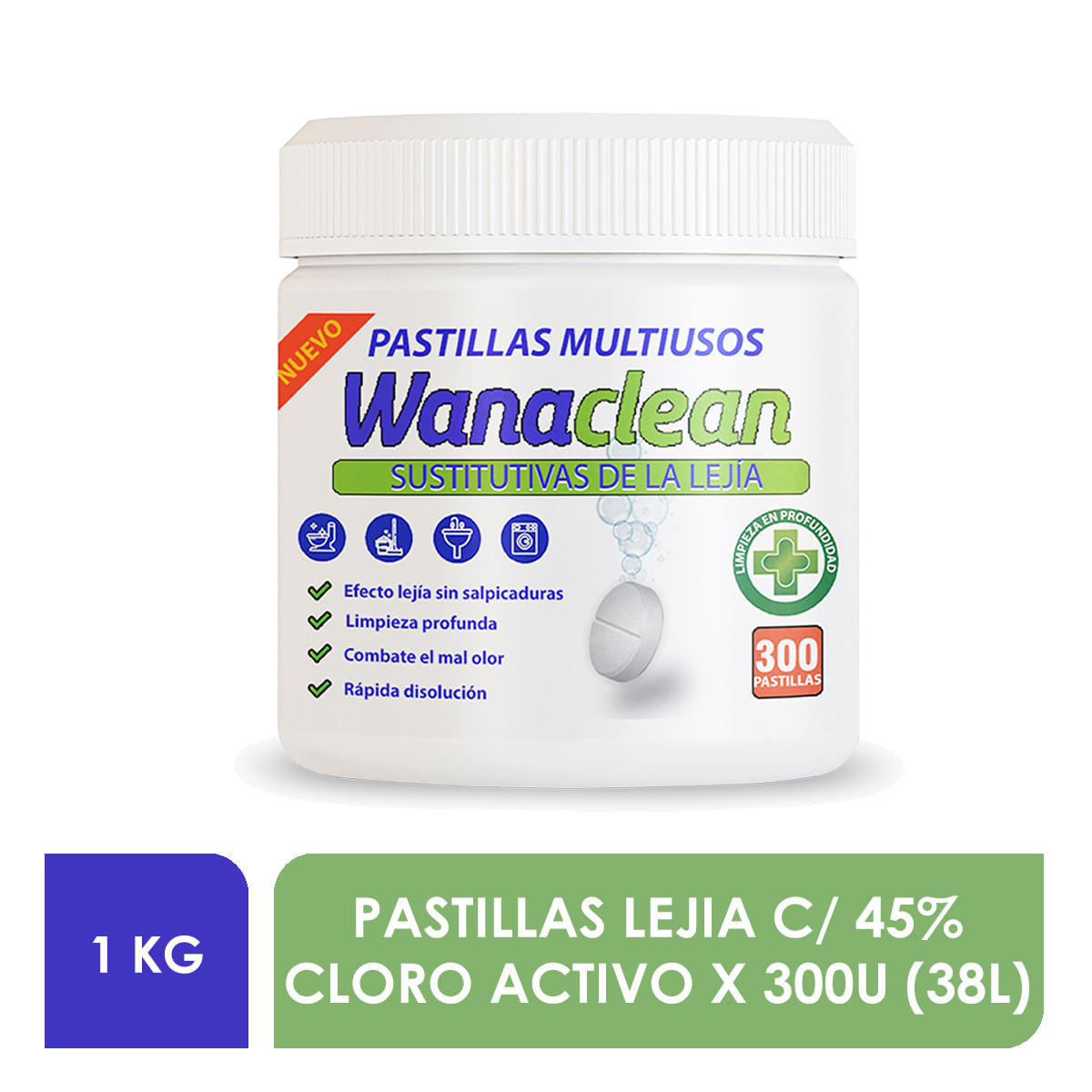 Lejía en pastillas WANACLEAN con cloro activo x 300U (38L/10GAL)