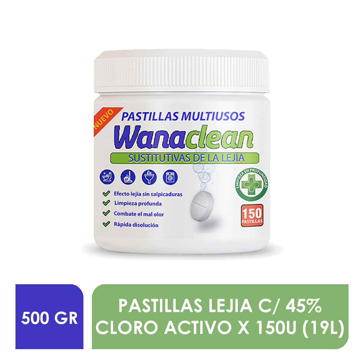 Lejía en pastillas WANACLEAN con cloro activo x 150U (19L/5GAL)