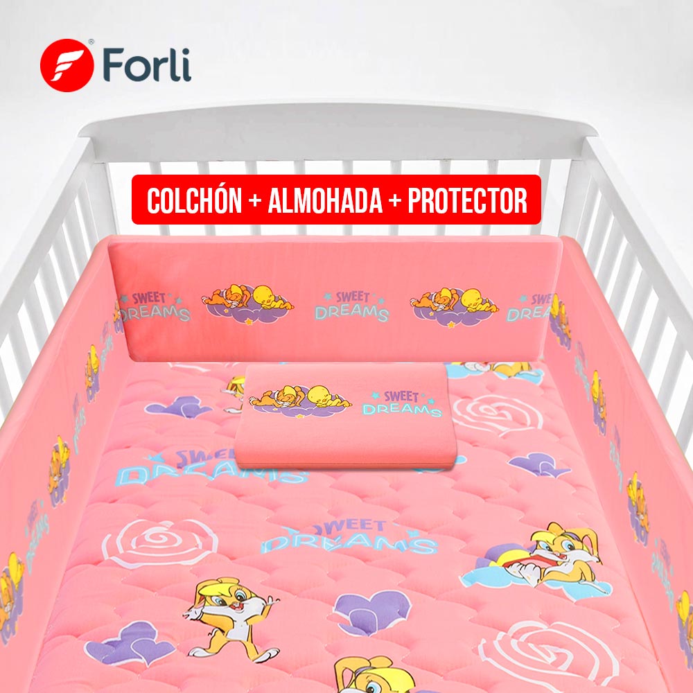 Colchón para Cuna FORLI Looney Baby Niña + Protector + Almohada