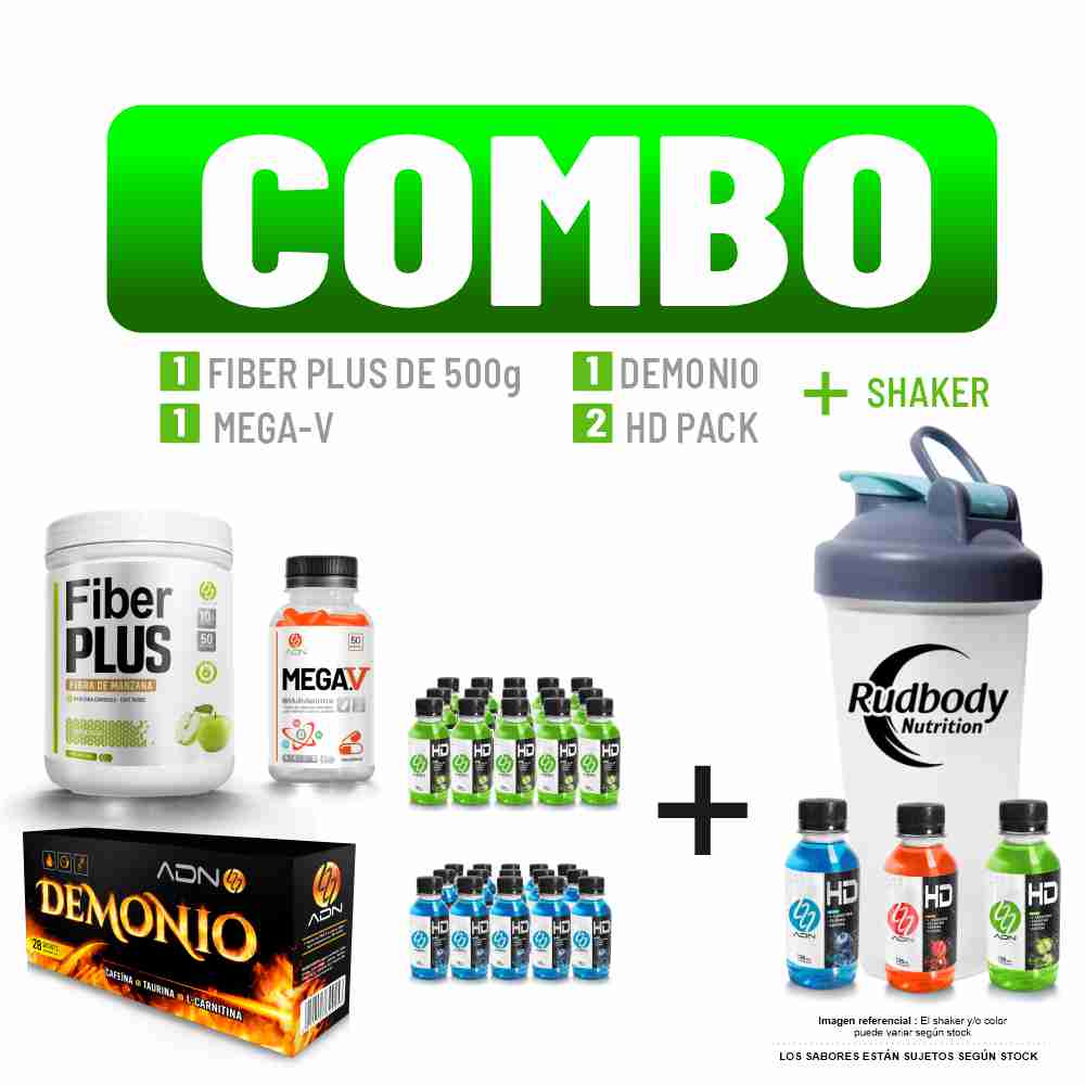 Combo Adn Nutrition - Fiber Plus 500gr + Mega.V 100 Caps + Demonio Caja 28 Unid + 2 HD Pack + Shaker