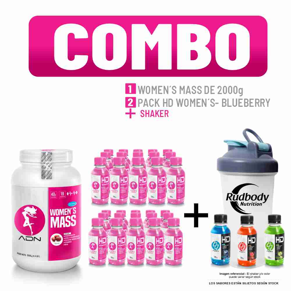 Combo Adn Women'S - Women'S Mass 2000gr Vainilla + 2 HD Women'S Pack 15 Unid Blueberry + Shaker