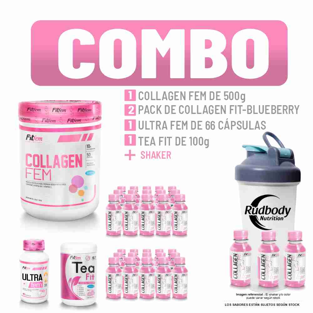 Combo Fitfem - Collagen Fem 500gr Naranja + Ultra Fem + Tea Fit + 2 Collagen Fit Pack + Shaker