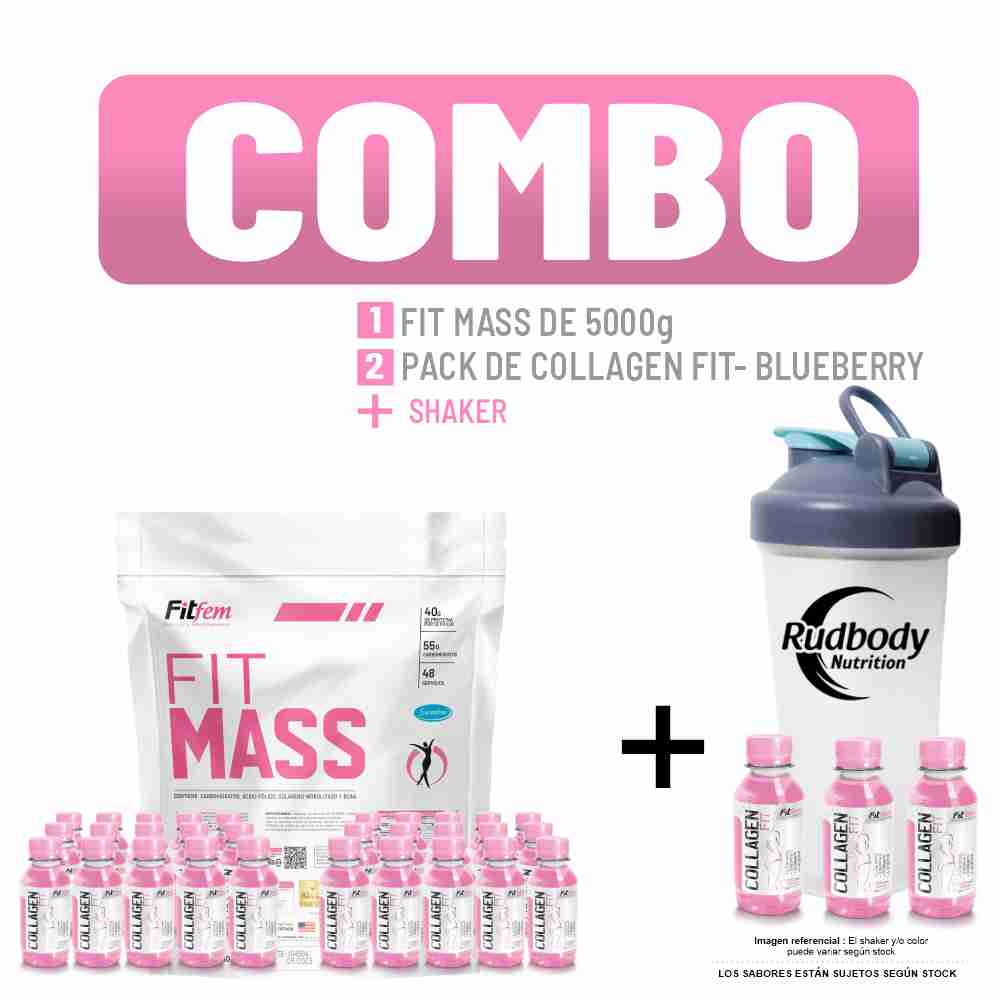 Combo Fitfem - Fitmass 5000gr Vainilla + 2 Collagen Fit Pack De 15 Unid Blueberry + Shaker