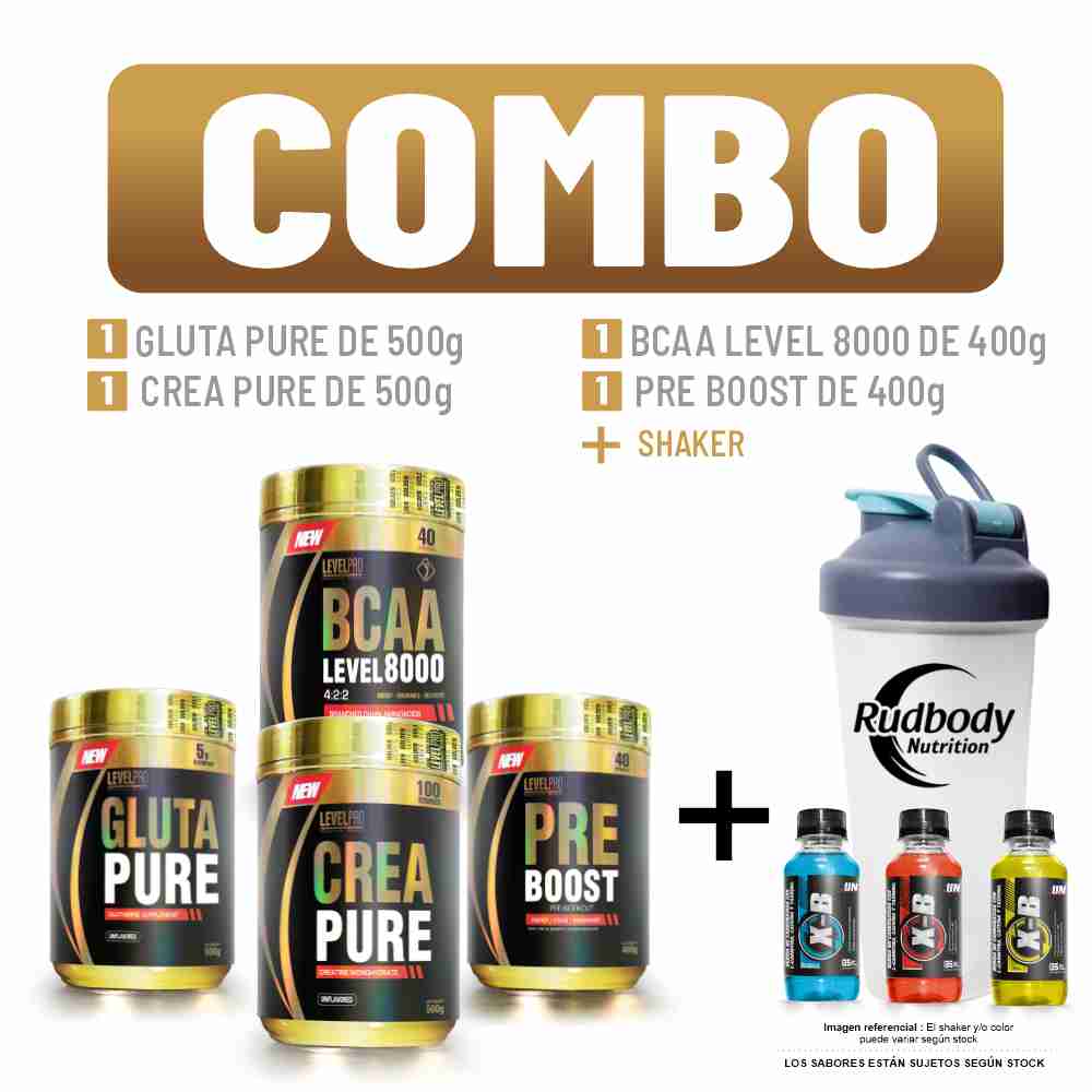 Combo Level- Gluta Pure 500g +Crea Pure 500g+ Bcaa Level 400g Sandía + Pre Boost 400g Sandía +Shaker