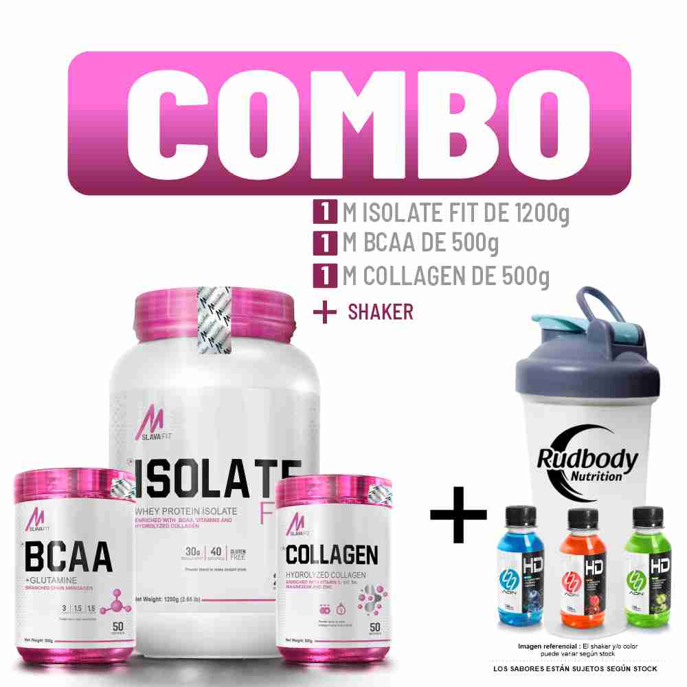 Combo Mslava-Isolate Fit 2.650 Libra Chocolate+Bcaa 500g Fruit Punch+Colagen 500g Fruit Punch+Shaker