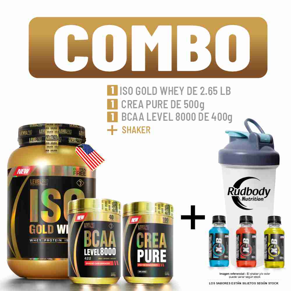 Combo Level - Iso Gold Whey 2.650 Libras Chocolate+Bcaa Level 400g Fruit Punch+Crea Pure 500g+Shaker