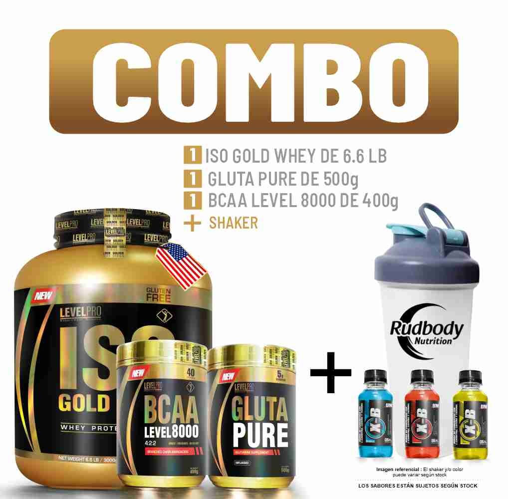 Combo Level Pro-Iso Gold Whey 6.6 Libras Vainilla+Bcaa Level 400g Fruit Punch+Gluta Pure 500g+Shaker