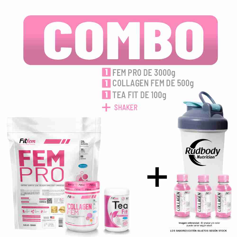 Combo Fitfem - Fem Pro 3000gr Vainilla + Collagen Fem 500gr Naranja + Tea Fit Frasco 100gr + Shaker