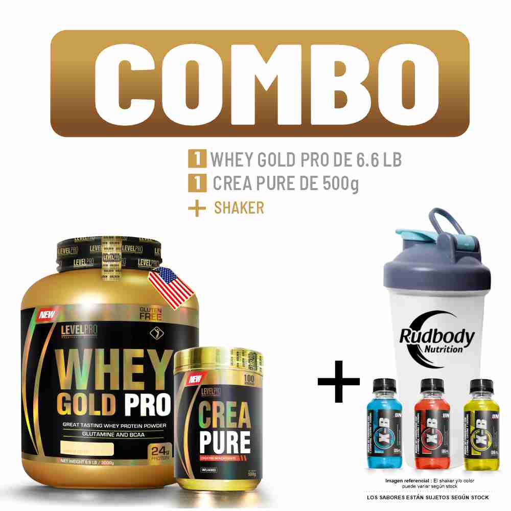 Combo Level Pro - Whey Gold Pro 6.6 Libras Strawberry + Crea Pure 500gr + Shaker