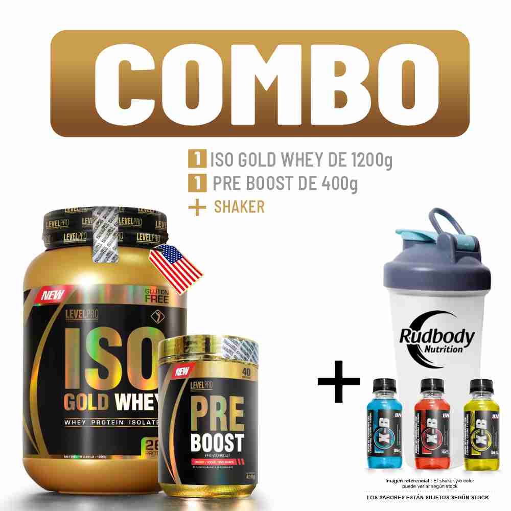 Combo Level Pro - Iso Gold Whey 2.650 Libras Rich Chocolate + Pre Boost 400gr Orange + Shaker