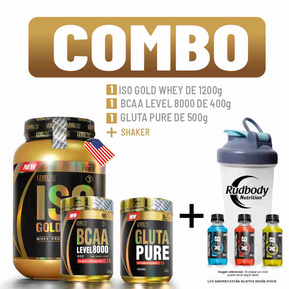 Combo Level - Iso Gold Whey 2.650 Libras Vainilla+Bcaa Level 400g Fruit Punch+Gluta Pure 500g+Shaker