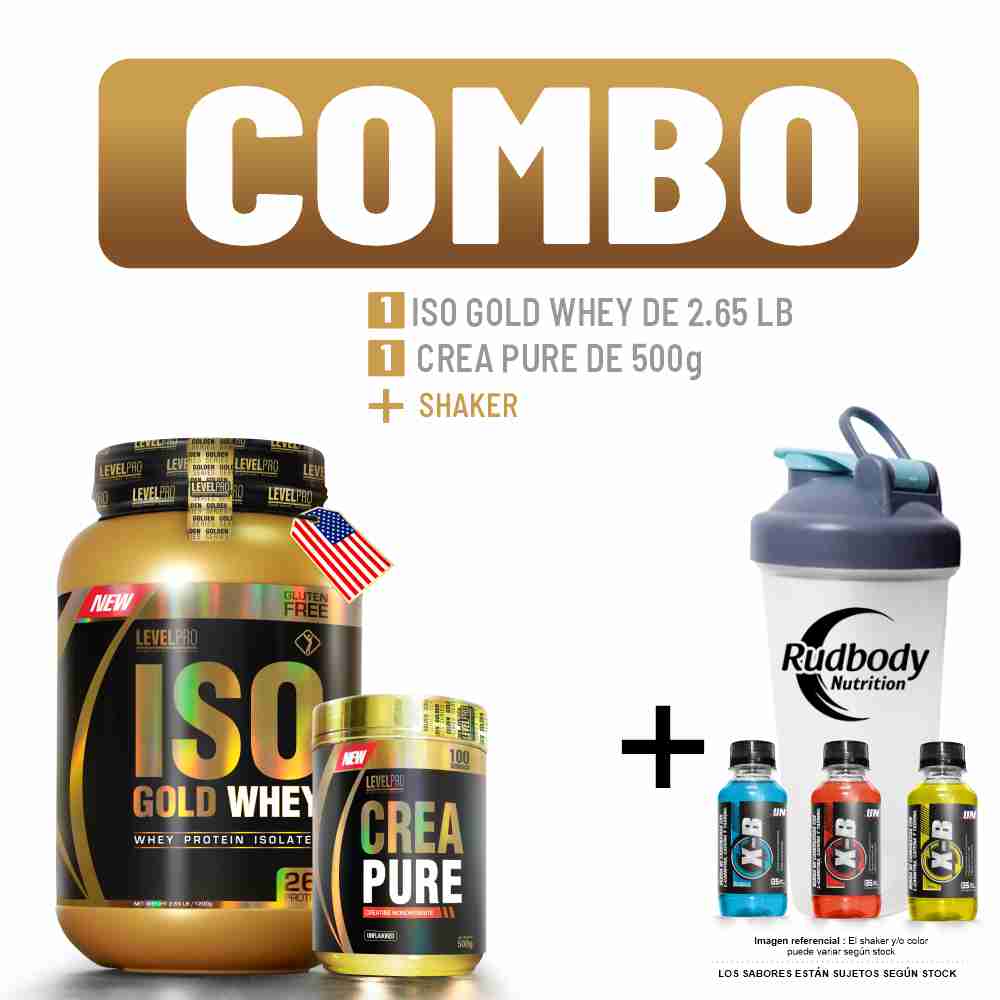 Combo Level Pro - Iso Gold Whey 2.650 Libras Strawberry + Crea Pure 500gr + Shaker