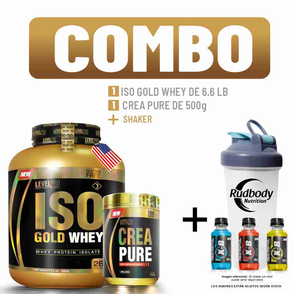 Combo Level Pro - Iso Gold Whey 6.6 Libras Vainilla Cremé + Crea Pure 500gr + Shaker