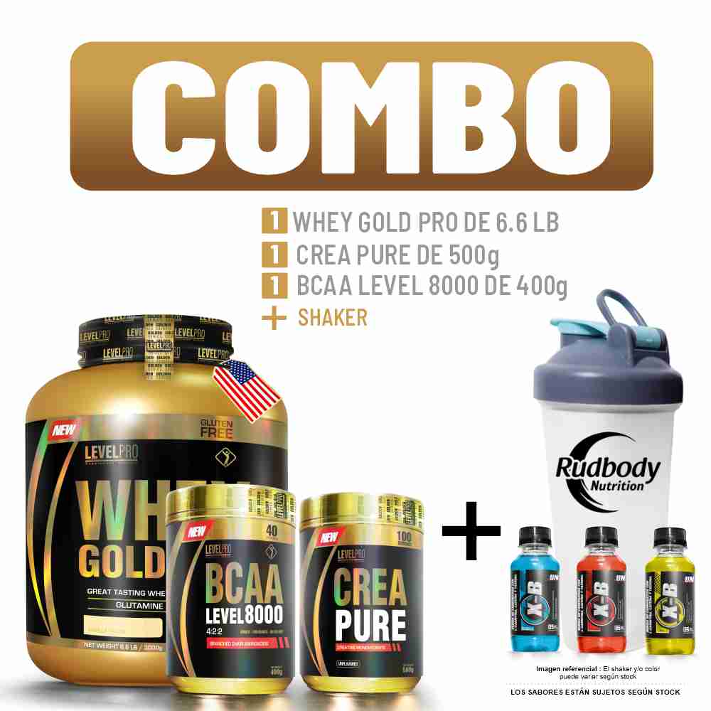 Combo Level Pro-Whey Gold Pro 6.6 Libras Chocolate+Bcaa Level 400g Fruit Punch+Crea Pure 500g+Shaker