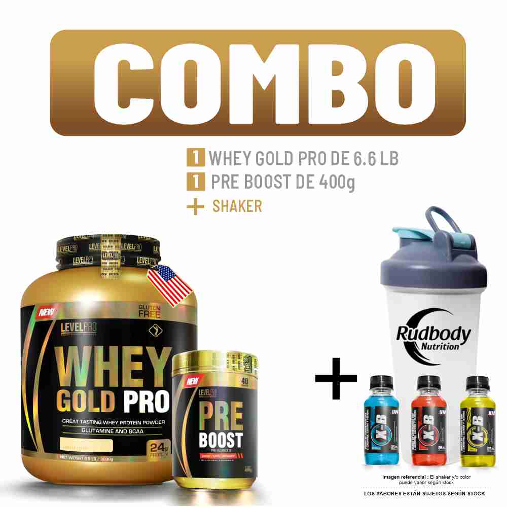 Combo Level Pro - Whey Gold Pro 6.6 Libras Vainilla Cremé + Pre Boost 400gr Blueberry + Shaker