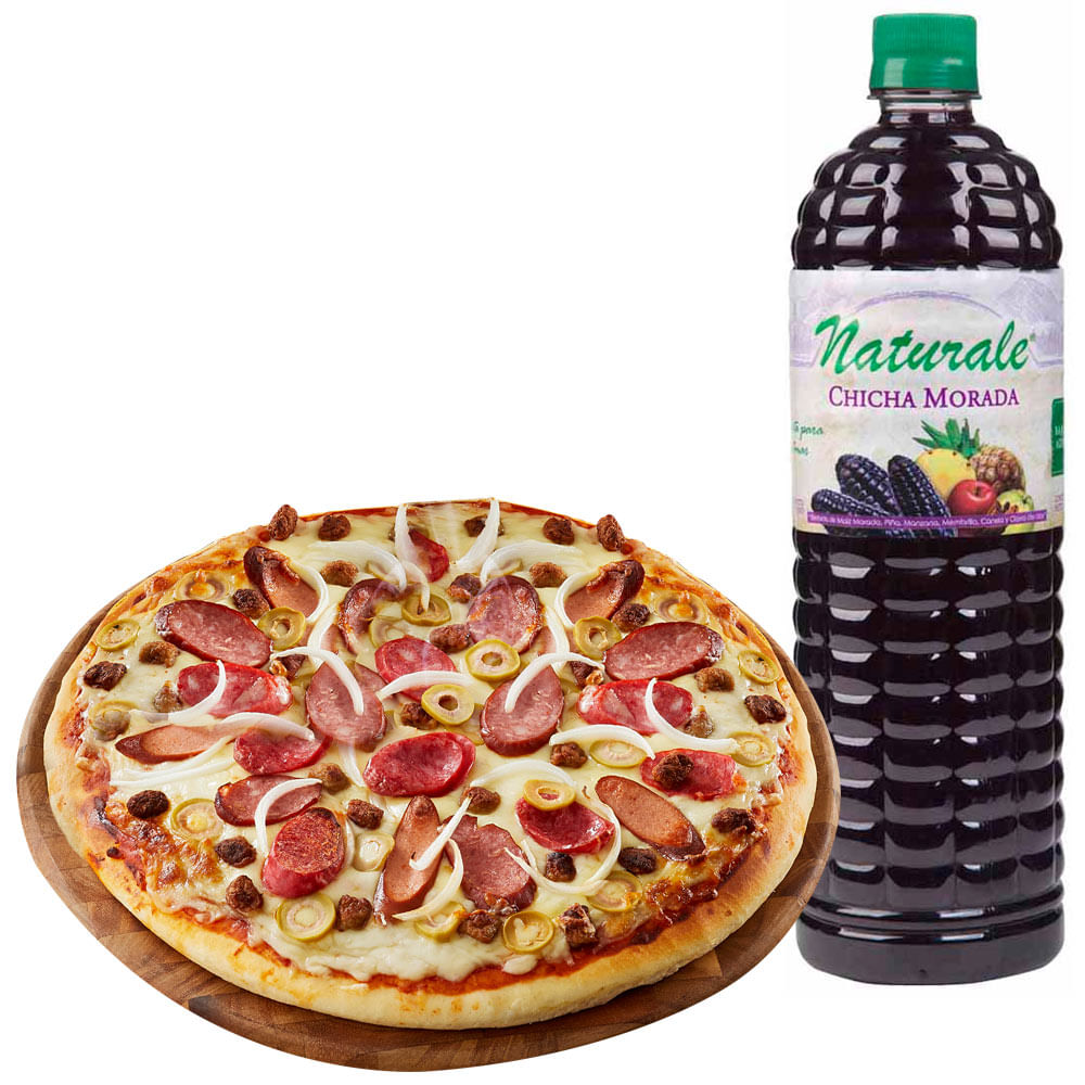 Pack Pizza Carnívora Familiar LA FLORENCIA + Jugo de Fruta NATURALE Chicha Morada Botella 1L