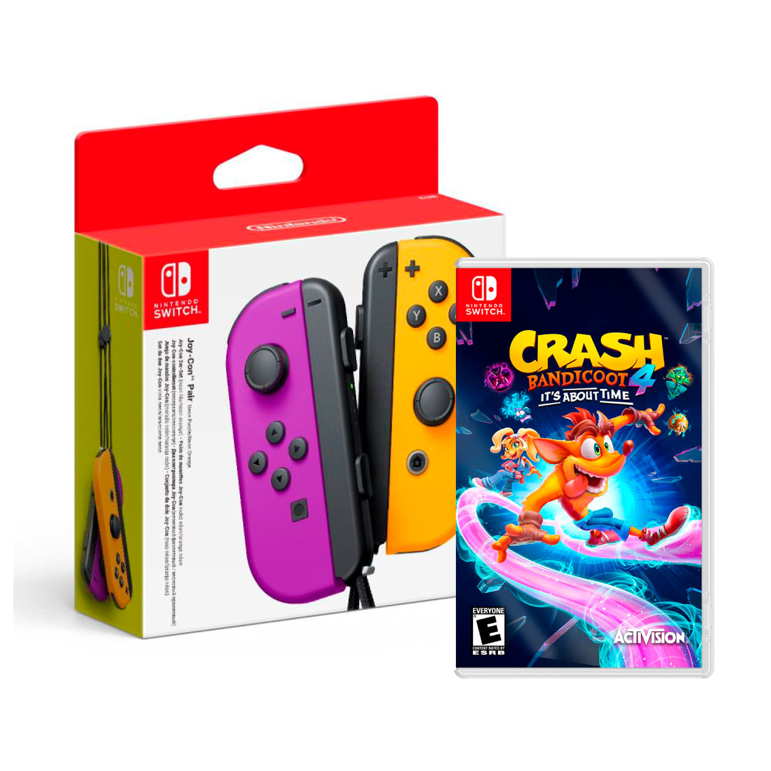 Accesorio Nintendo Switch Joy Con Neon Morado Naranja + Crash Bandicoot 4