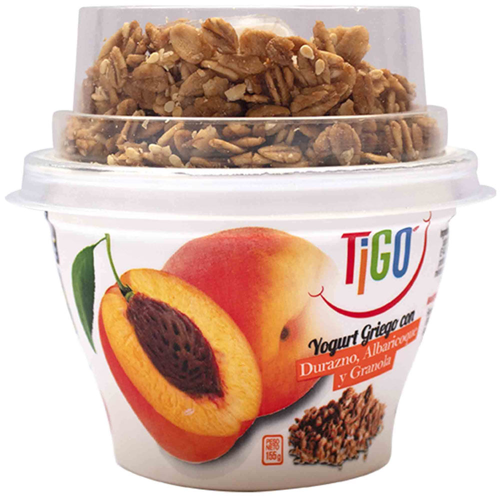 Yogurt TIGO Parfait Natural con Albaricoque Duraznos y Granola Vaso 155g