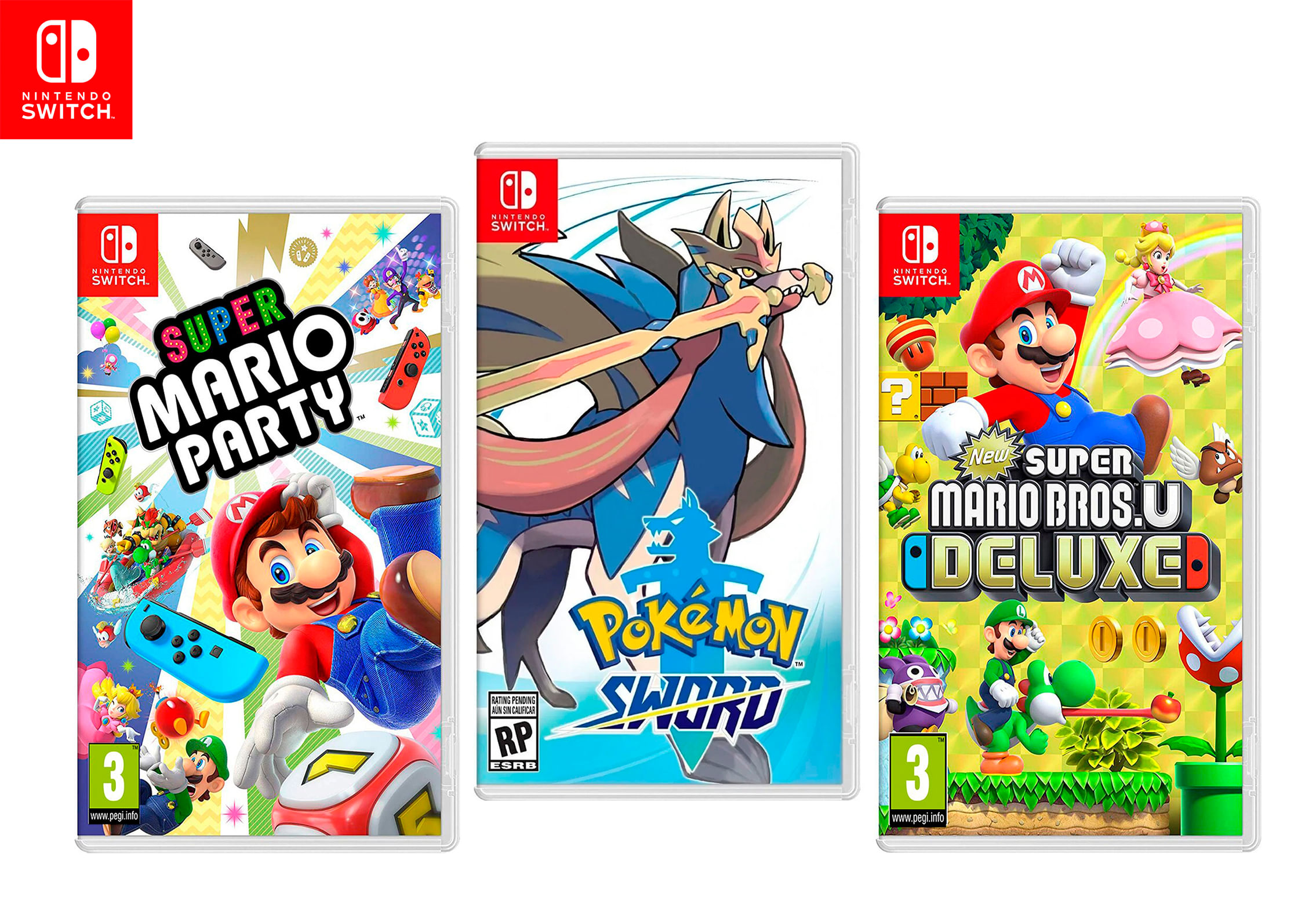 Juegos de Nintendo Switch: Super Mario Party + Pokemon Sword + New Super Mario Bross