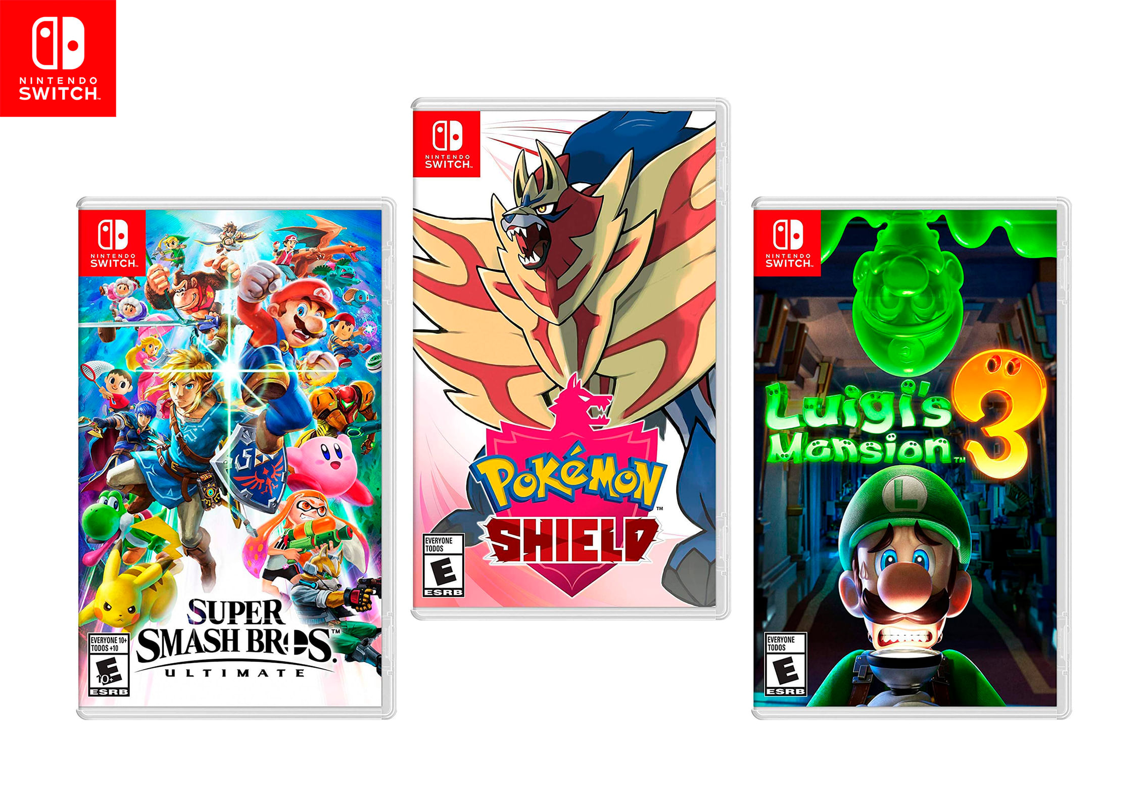 Juegos de Nintendo Switch: Super Smash Bross + Pokemon Shield + Luigis Mansion 3
