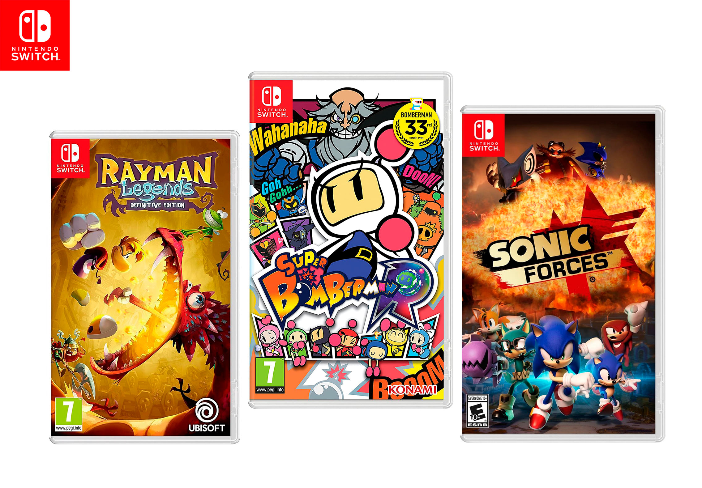 Juegos de Nintendo Switch: Rayman Legends + Bomberman R + Sonic Forces