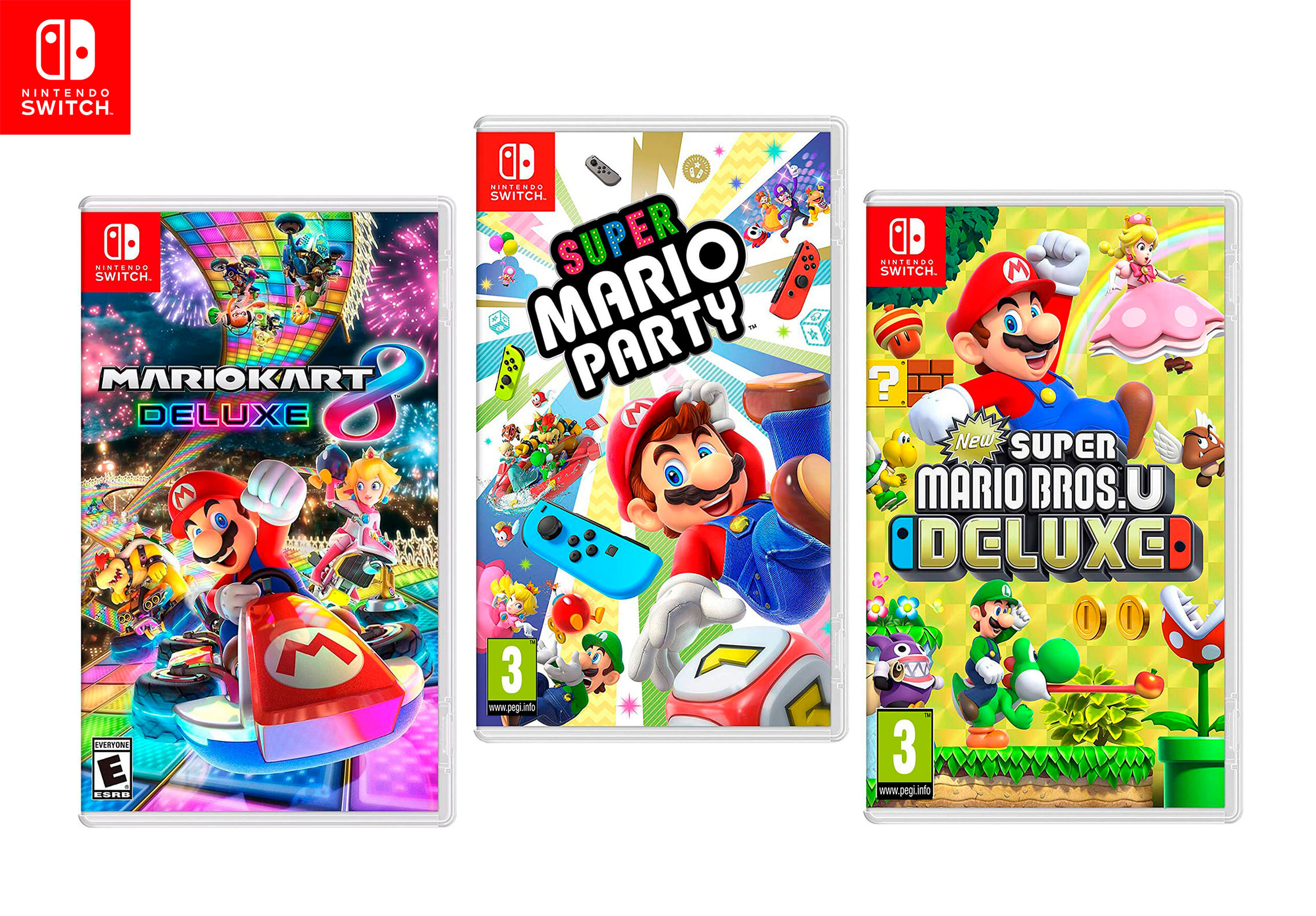 Juegos de Nintendo Switch: Mario Kart 8 Deluxe + Super Mario Party + New Super Mario Bros U Deluxe