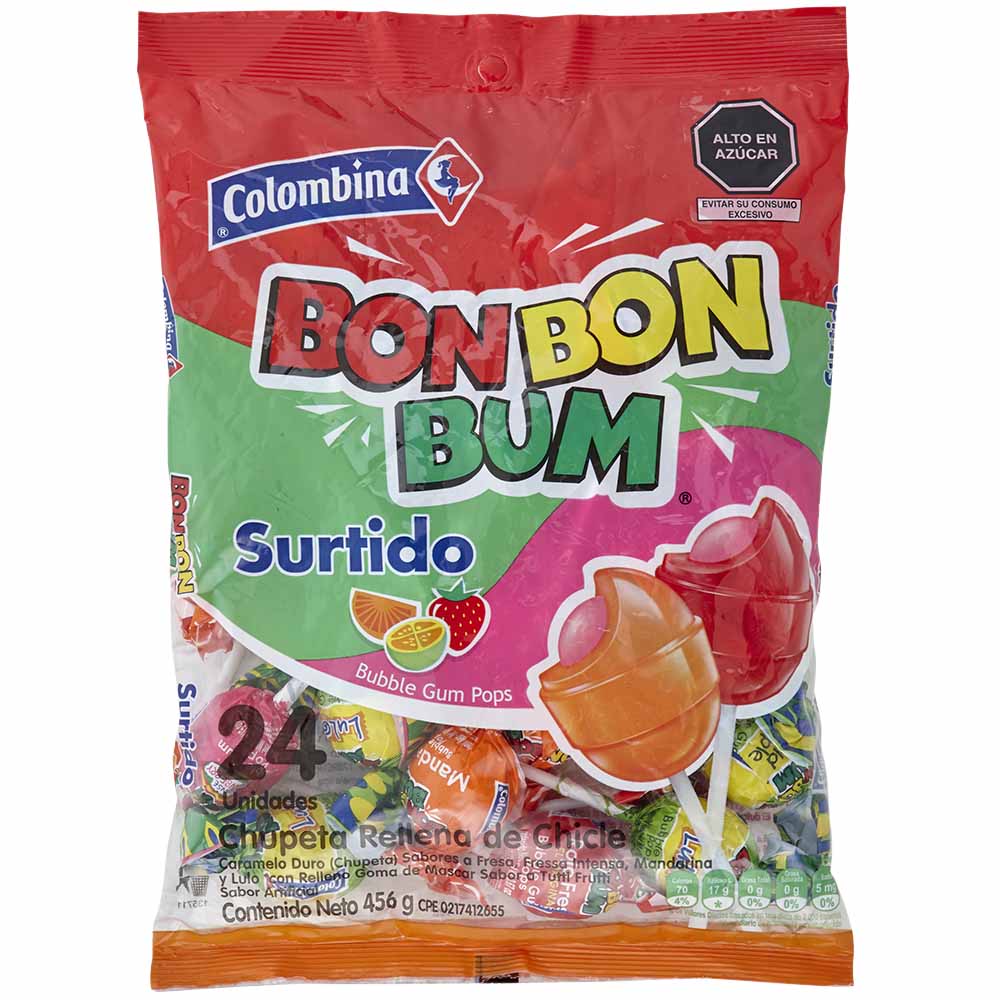 Chupetes BOM BOM BUM con Chicle sabores Surtidos Bolsa 456g