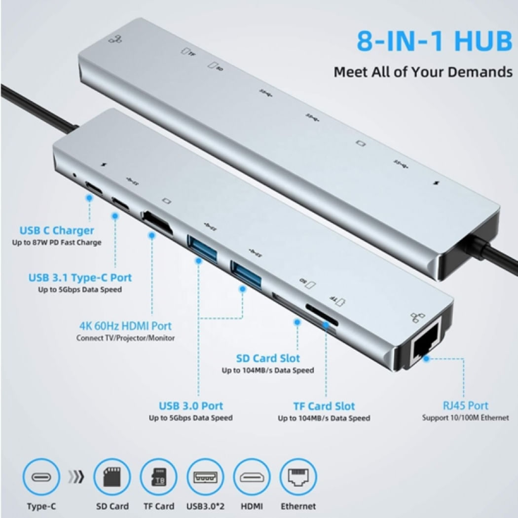 Adaptador Hub 8 en 1 Tipo C HDMI /RJ45 /USB 3.0 /Tarjeta SD -TF/ 87W