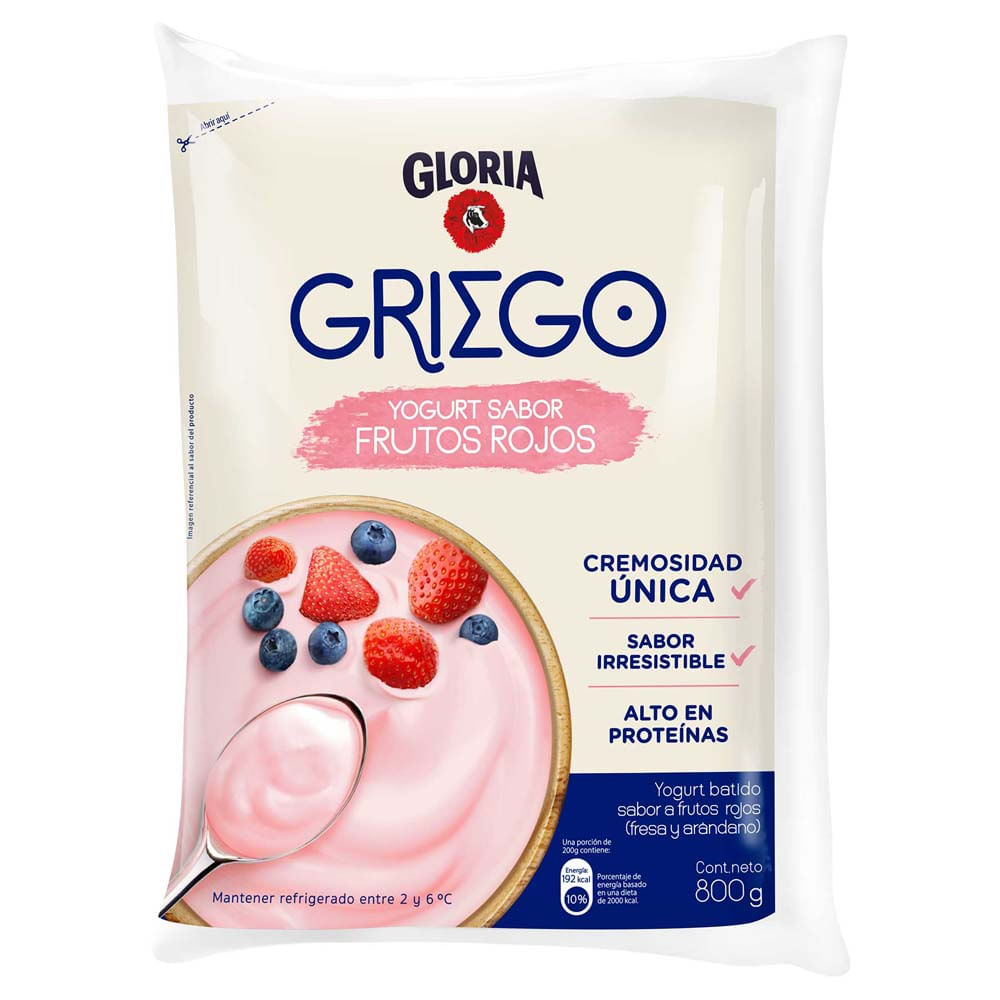 Yogurt Batido GLORIA Griego Sabor Frutos Rojos Bolsa 800g