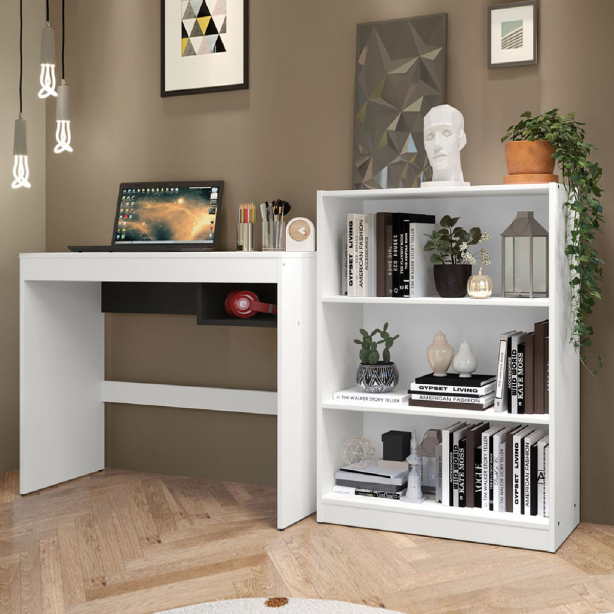Mueble Escritorio Pc Madesa + Estante Librero Organizador Blanco