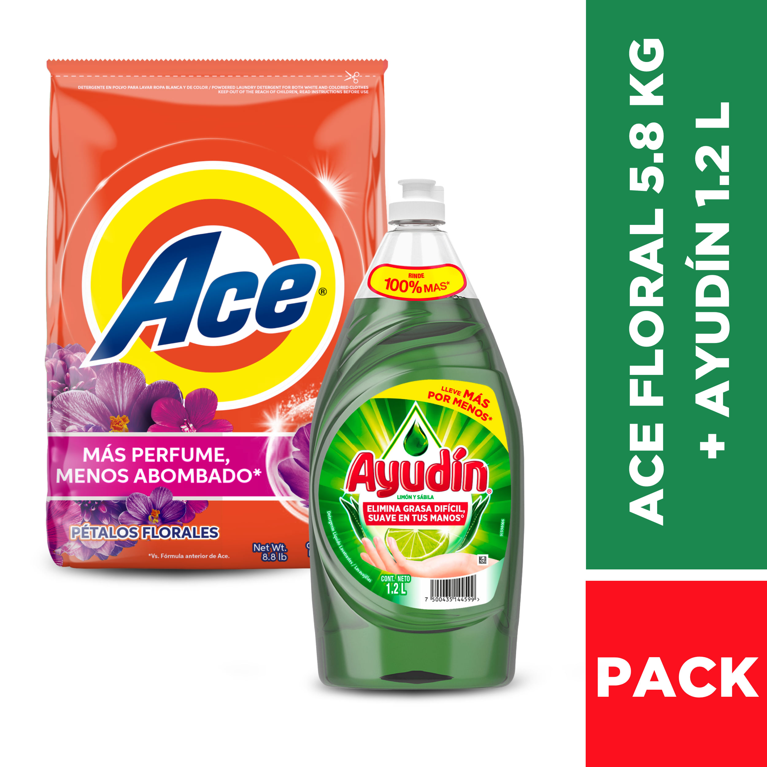 Pack Detergente en polvo ACE Regular Bolsa 5.8Kg + Lavavajillas Líquido AYUDÍN Limón Botella 1.2L