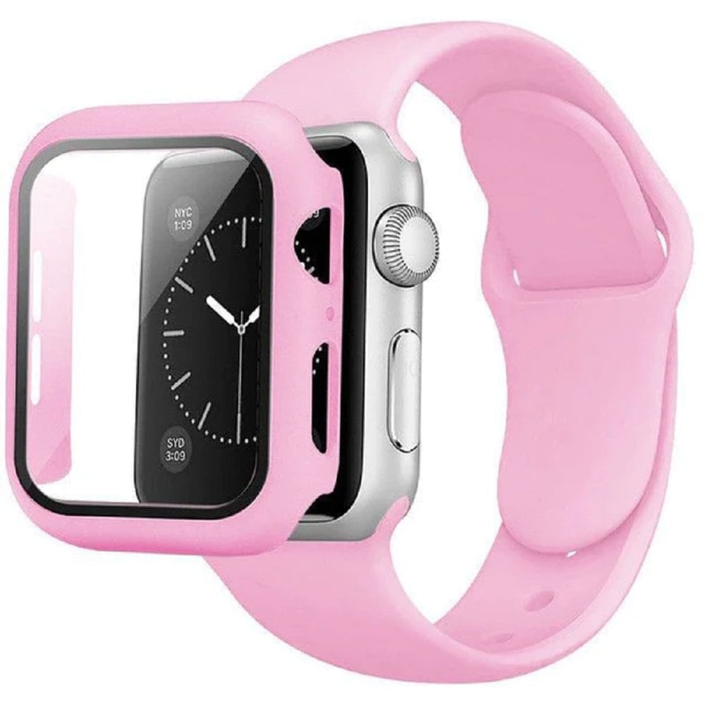 Pack Combo Correa de Silicona + Case Color Rosa Chicle para Applewatch 44 Mm Serie 4,5,6