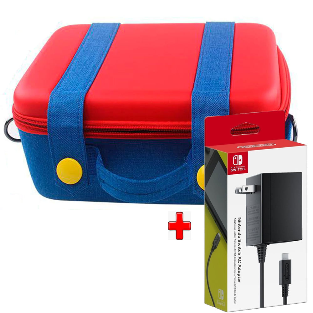 Pack Maleta para Nintendo Switch Grande Rojo con Azul + Cargador Original