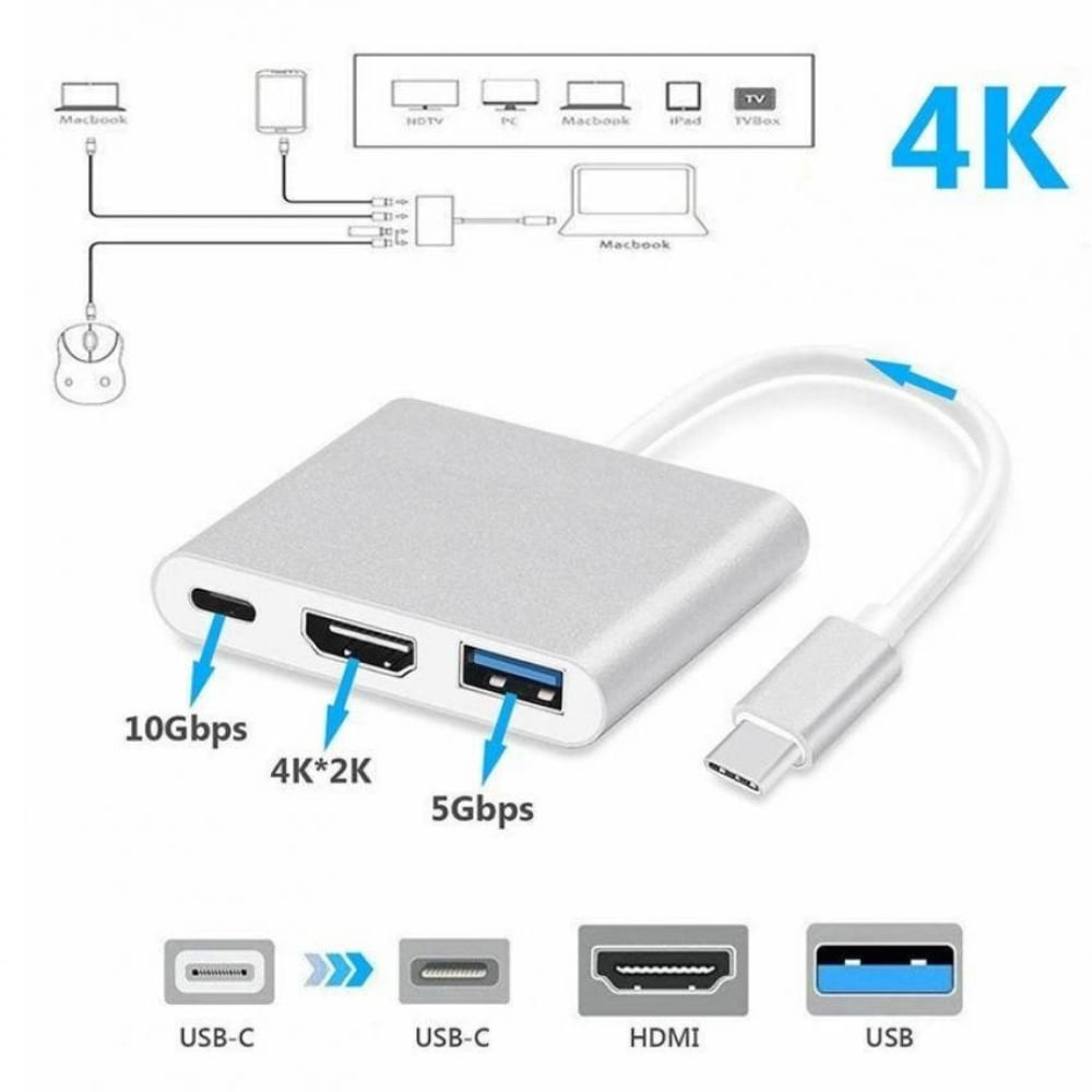Convertidor 3 en 1 Tipo C a HDMI 4K/ USB 3.0/ Tipo C Multipuerto Metal