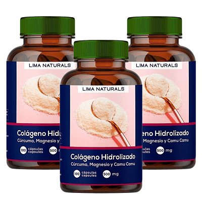 Colágeno Hidrolizado, Cúrcuma, Magnesio & Camu Camu Lima Naturals 100 cápsulas Pack x 3